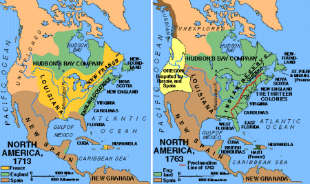 Two maps of North America in 1713 and 1763 showing French, English and Spanish territory