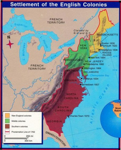 Map of the settlement of the English colonies in North America, with founding dates