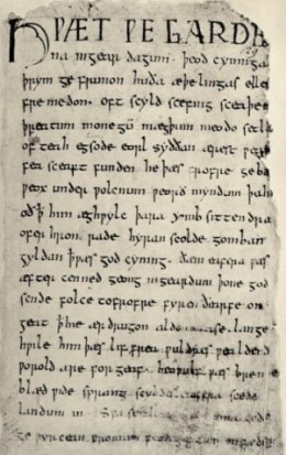 First page of the Beowulf manuscript in Old English script
