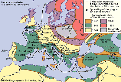 Map of Europe showing the spread of the Black Death by year, from 1347 to 1351