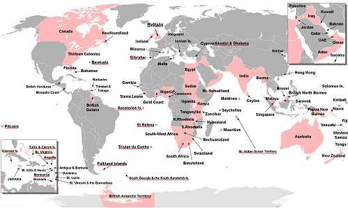 World map with British Empire territories shaded pink at its greatest extent