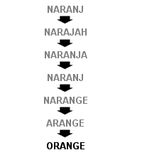 Chain showing naranj becoming narajah, naranja, narange, arange and finally orange