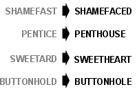 Pairs showing shamefast becoming shamefaced and pentice becoming penthouse through mishearing