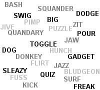 Scattered list of English words with no known etymological roots, such as swig, dodge and quiz