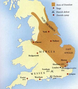 Map of England shading the area of the Viking-ruled Danelaw