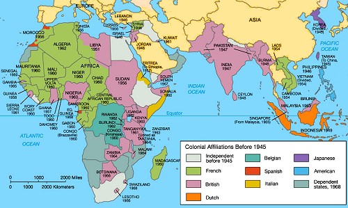 Map of Africa and Asia showing colonial affiliations before 1945 and independence dates