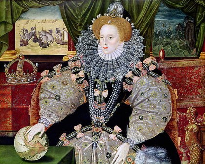 Painted portrait of Queen Elizabeth I in an elaborate gown, her hand resting on a globe