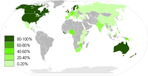World map shaded by the percentage of English speakers in each country