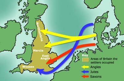 Map with arrows showing the settlement routes of the Angles, Saxons and Jutes into Britain