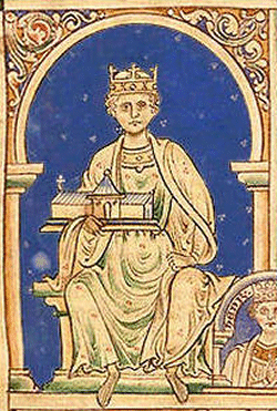 Medieval illustration of Henry II crowned and seated, holding a model church