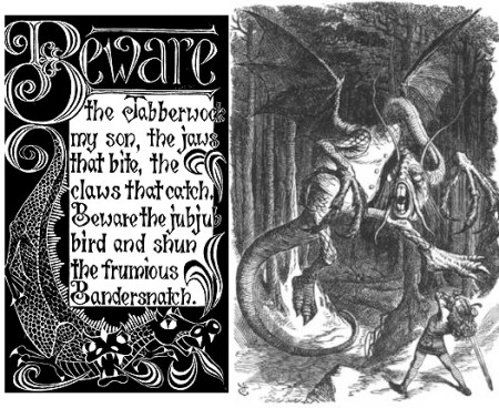 Verse from Jabberwocky beside an engraving of the Jabberwock facing a boy with a sword