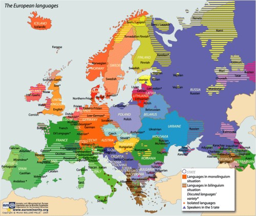 Colour-coded map of the languages of Europe, showing overlaps with national borders