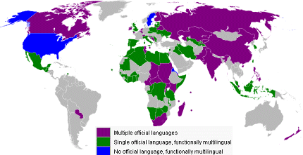 World map showing countries with multiple official languages and functionally multilingual countries