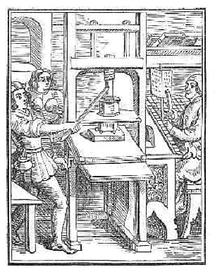Woodcut of printers working a hand-operated printing press in a workshop