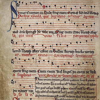 Medieval manuscript page of the song Sumer is icumen in, with musical notation
