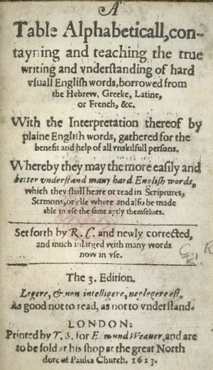 Title page of the 1613 third edition of A Table Alphabeticall by Robert Cawdrey